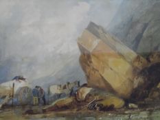 Unattributed (19th century British school) Watercolour Figures loading a horse and cart,