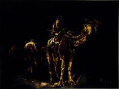 Middle Eastern (20th century school) Oil on velvet canvas Figures on camel,