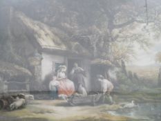 After Clifford R James Colour print 19th century family in front of a cottage,