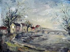 Continental school (20th century) Oil on board French river scene with boats and bridge,