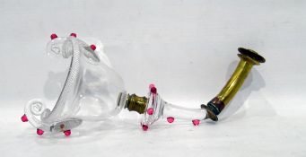 Victorian cranberry, clear glass and brass light sconce, the clear cup with rope border,