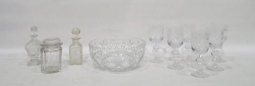 Set of six Kings College, Cambridge 1982 wine glasses, two miniature decanters,