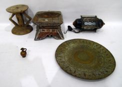 Middle Eastern circular metal tray, a ceiling hanging lantern,