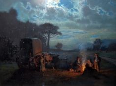 Walter Gilbert Wiles (1875-1966) Pastel Figures round a campfire next to wagon, signed lower left,