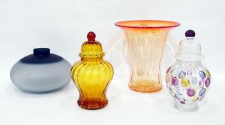 Large orange glass vase of flared design, 28cm high, an amber glass jar and cover,