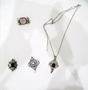 Silver, mother of pearl and enamel pendant, pierced scroll decorated with drops,