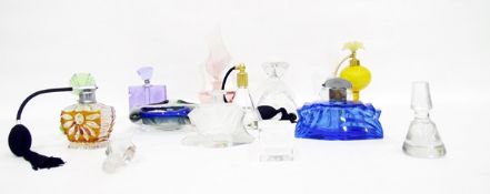 Collection of perfume bottles and atomisers including an Art Deco design blue cut glass atomiser,