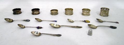 Six silver and enamel souvenir spoons, two other silver spoons,