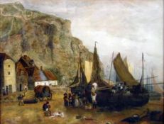 19th century school Watercolour drawing Fishermen unloading catch onto the beach, unsigned,