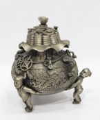 Chinese silver-coloured metal censer with pierced top and handles,