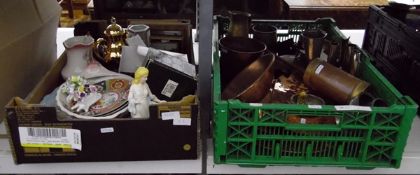 Assorted metalware including a trenchware shell as a scoop and assorted ceramics (2 boxes)