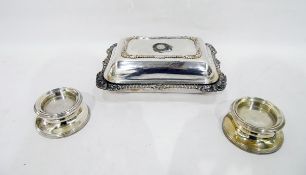 EPNS rectangular tureen (no handle) and pair silver candleholders,
