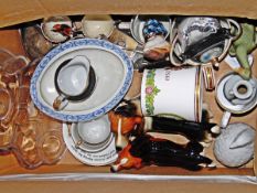 Various decorative ceramics to include model dogs, china cups, commemorative cups,