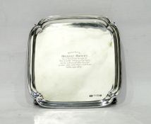 1940's silver square-shaped salver 'Presented to Herbert Harvey by a few of his friends at the