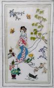 Japanese embroidered panel depicting geisha amongst flowers, 57cm x 35.
