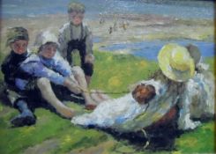 Pair of colour prints Children on the beach, 17cm x 23.