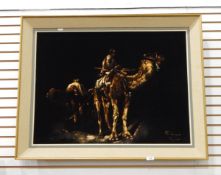 Middle Eastern (20th century school) Oil on velvet canvas Figures on camel,
