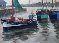 20th century school Oil on board Coastal scene with fishing boats,