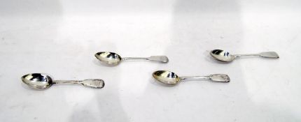 Set of four Victorian silver dessert spoons, fiddle-shape with engraved initials, London 1858,