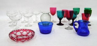 Quantity of assorted glass including cranberry and green glass drinking glasses,