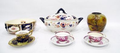 Pair of 19th century pink lustre tea cups and saucers,