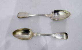 Pair of George IV silver tablespoons, fiddle and thread pattern, bearing stag and coronet crest,
