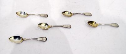 Set of five George IV silver teaspoons of fiddle pattern design with stag and coronet crest,