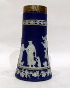 Wedgwood blue jasperware vase of tapering cylindrical form, with silver collar, Birmingham 1905,