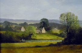 E J Wilson (20th century) Oil on board Village landscape scene, signed lower right, 27.