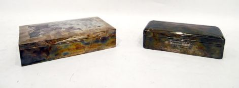 Silver cigarette box, rectangular, of plain form with engine-turned frieze decoration,