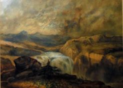 David Cox (1783-1859) Watercolour Mountainous landscape with a waterfall in the foreground,