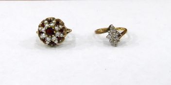Gold, garnet and cultured pearl cluster ring and a 9ct gold crossover ring of blue stones,