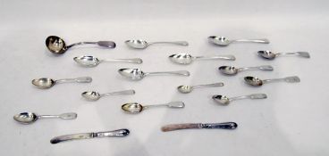 Set of four George III silver dessert spoons, London 1800, another matched, a Victorian sauce ladle,