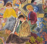 20th century school Oil on board Abstract figures of woman amongst various textiles, unsigned,