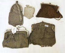 Vintage mesh metal evening bag with mesh embroidery, arched fixed frame, silver-coloured metal