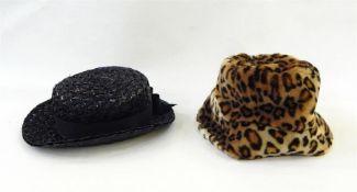 Ostrich fan, vintage hats, a small vintage handbag with metal fixed frame clasp, leather coat