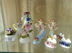 Pair of miniature Dresden dancing figurines, with encrusting (one leg broken) and other miniature