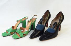 Pair of Louboutin red soled black high-heeled court shoes, a pair of pink satin Anello & Davide