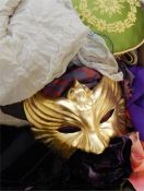 Large quantity of vintage belts, scarves, a gilt Venetian mask, a large apricot-coloured satin tie-