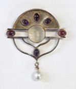 20th century silver coloured metal pendant brooch with central moonstone carved as a mask