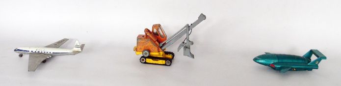 Three diecast models including Dinky Thunderbird II, Dinky Supertoys Comet and Corgi Major Toys