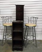 Dark stained pedestal six-drawer chest, a pair of chrome plated tubular bar stools, a three-tier oak