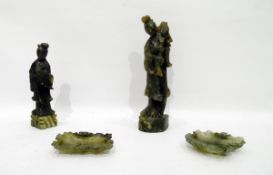 Carved jade figure of Quan Yin, on plinth base, 18cm high, pair carved jade brushwasher dishes, each