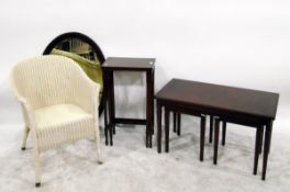 Edwardian bevel plate mirror within an oval moulded frame, a Lloyd loom bedroom tub chair, Edwardian