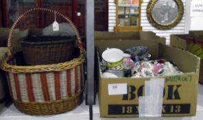 Quantity teacups and saucers and other ceramics (1 box and two baskets)