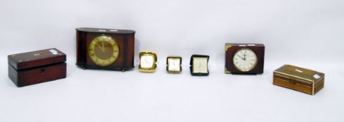 Two mantel clocks, three travel clocks and two boxes