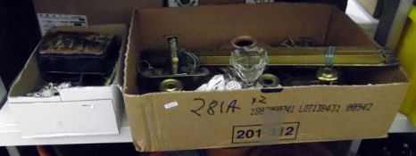 Various brass chambersticks, some brass stair rods and assorted collectables (2 boxes)