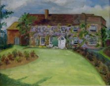 P Salmon (20th century school)  Oil on board  Country house with wisteria, signed and dated lower
