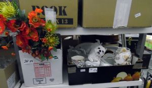 Quantity of assorted ceramics, a resin model of a Scottie Terrier, a glass vase of shells, faux