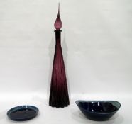 Large amethyst coloured decanter with glass stopper and a German Schonwald bowl and dish (3)